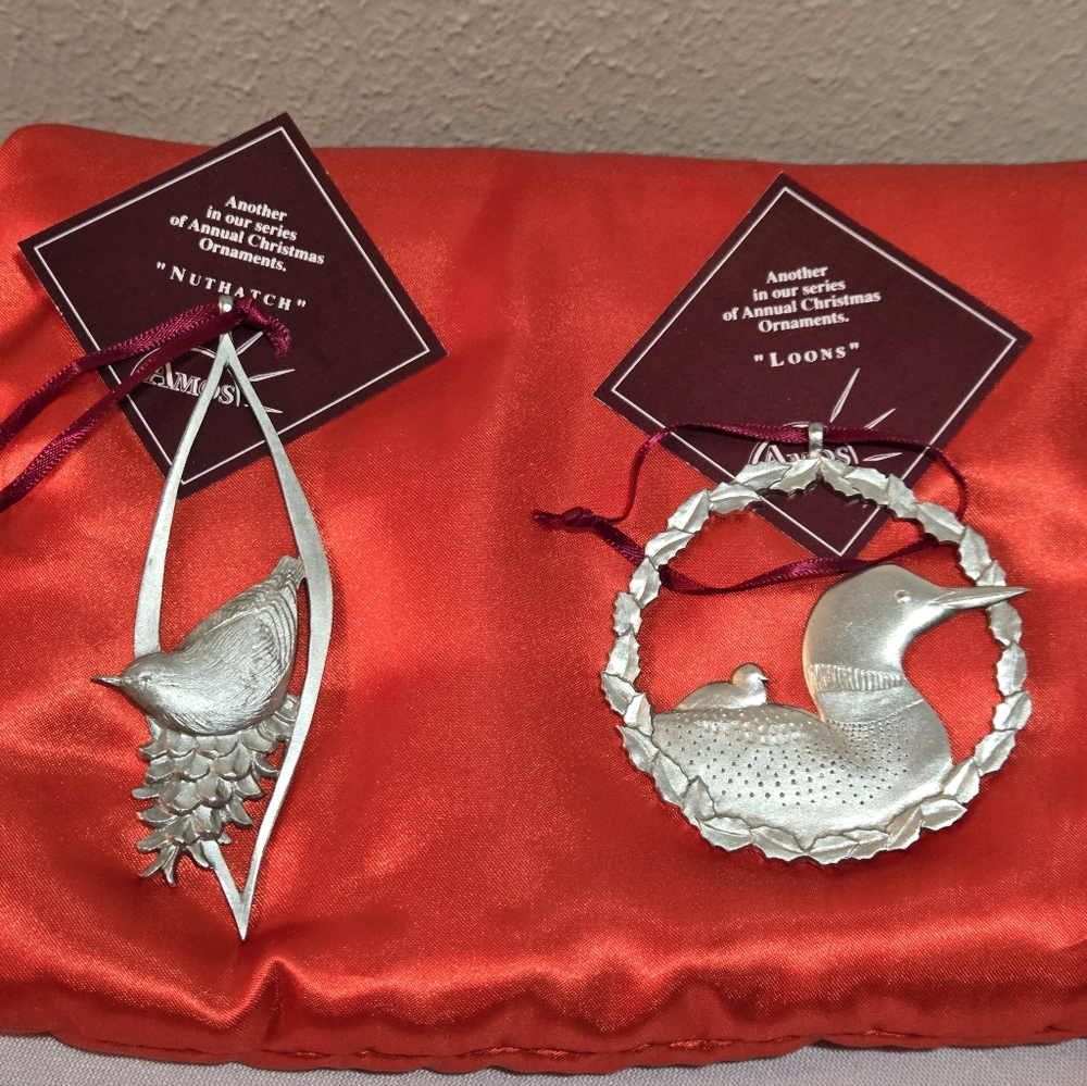 Vintage Amos Pewter 1986 Nuthatch And 1992 Loons Christmas Ornaments